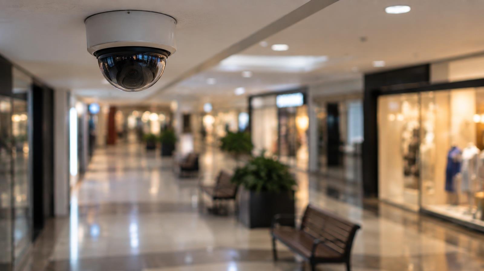 Empty mall corridor with benches and a security camera mounted on the ceiling.