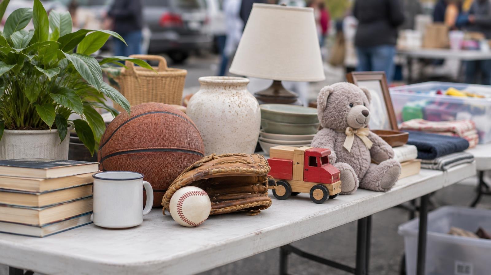 Assorted used household items and toys arranged on a folding table outdoors.