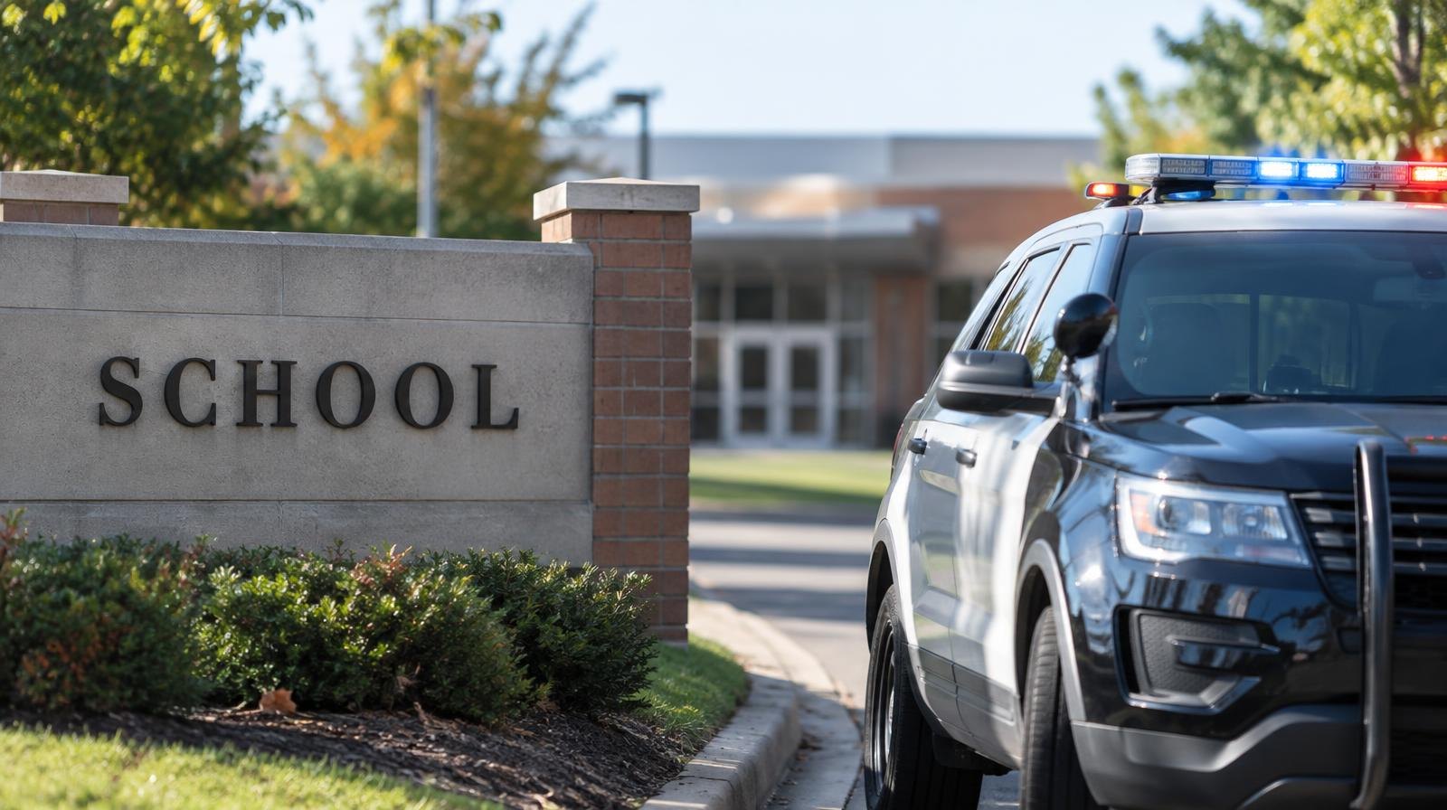 Police patrol car parked beside a school campus entrance sign on a sunny day.