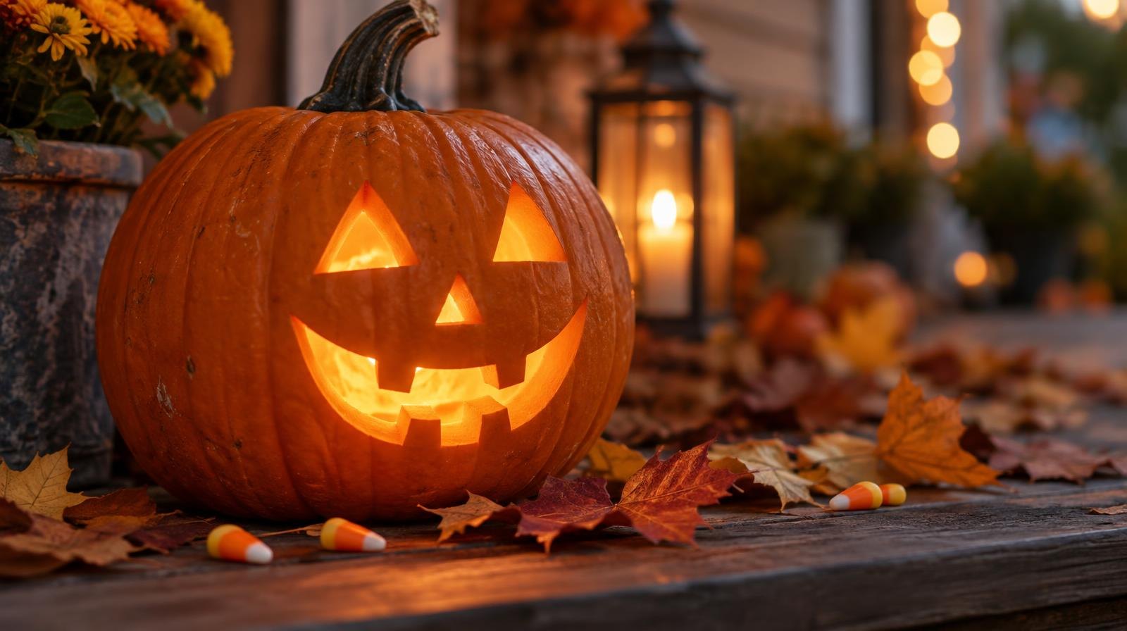 Carved pumpkin glowing orange on a wooden surface with autumn leaves.