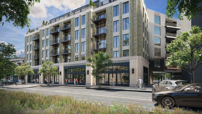 Architectural rendering of a six-story mixed-use building with ground-floor retail along a city street.