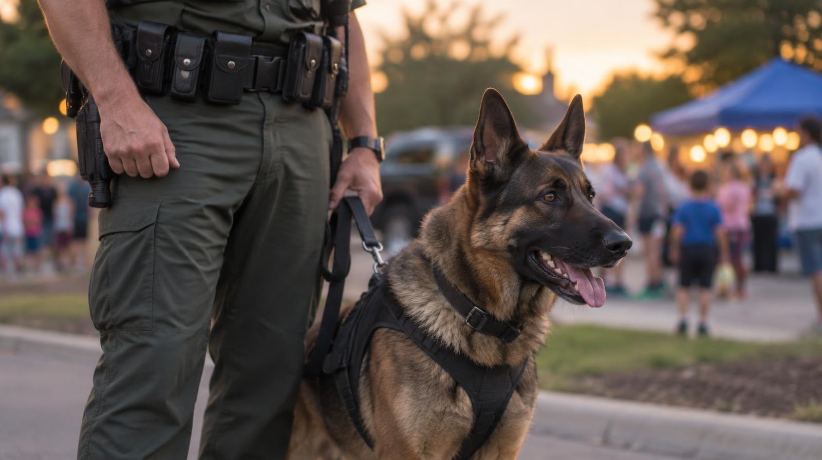 A uniformed sheriff's deputy stands beside a police K-9 dog on a leash outdoors.