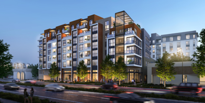 Architectural rendering of an eight-story apartment building with balconies and ground-floor retail along a street at dusk, with cars and pedestrians in the foreground.