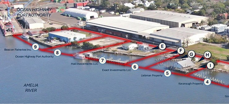 Aerial view of a river waterfront with red boundary lines marking numbered and labeled parcels.