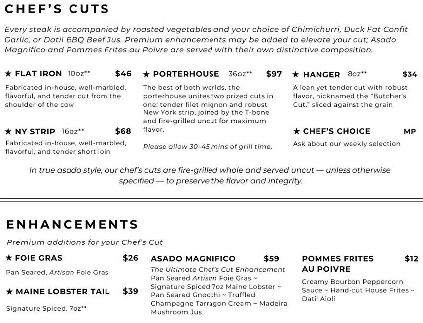 Printed restaurant menu showing steak cuts and enhancement options with prices.