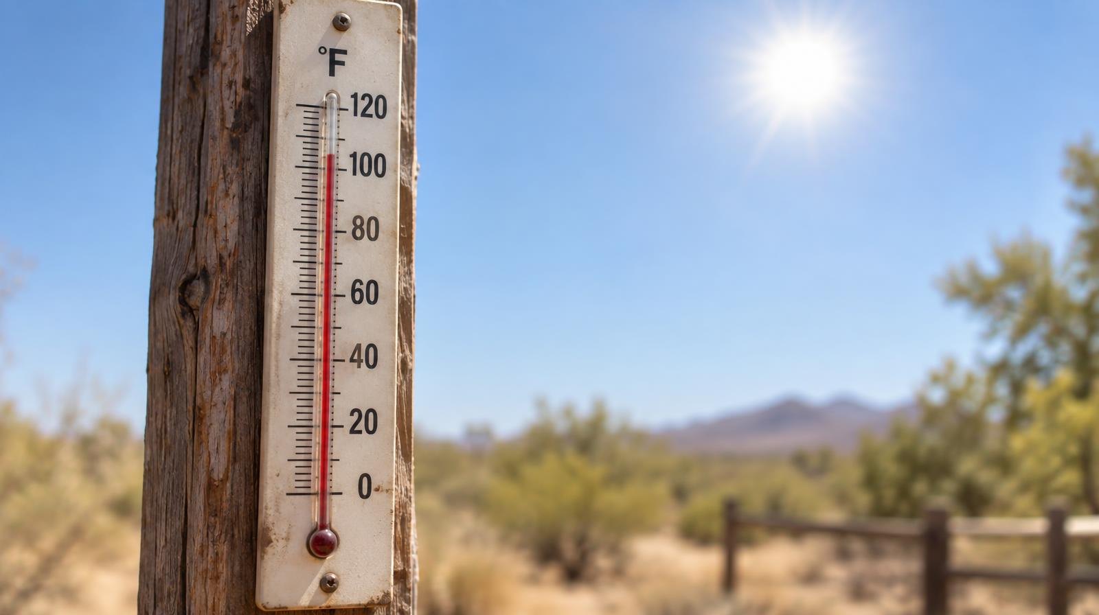 Outdoor thermometer mounted on a post showing a high temperature in bright sunlight