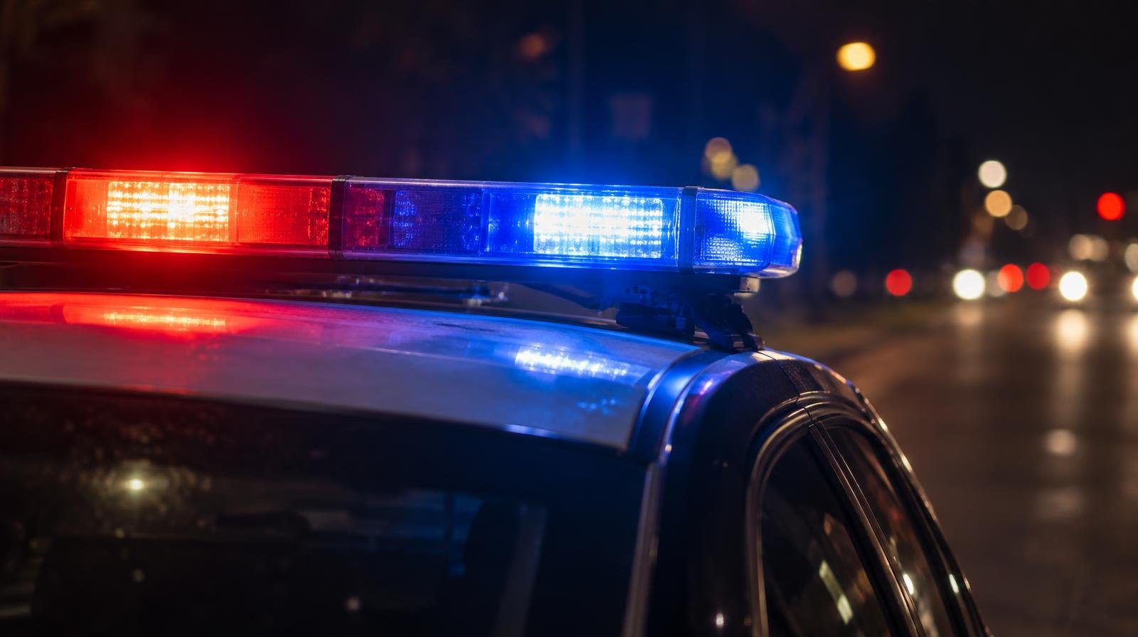 Red and blue police emergency lights glowing on top of a patrol car at night.