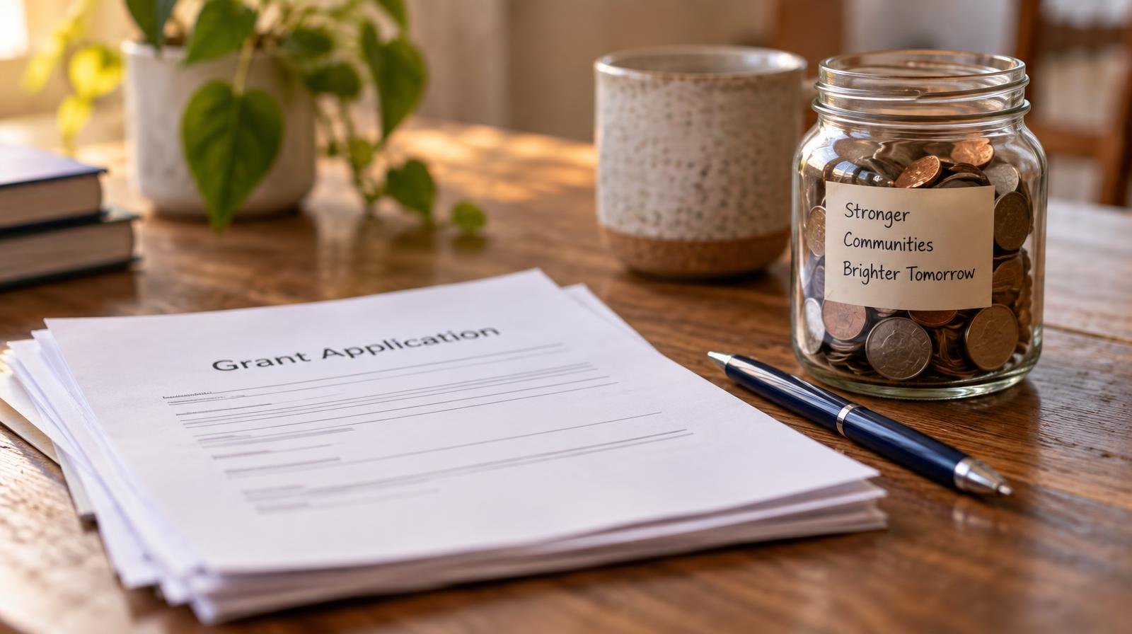 A pen and jar of coins beside stacked papers on a wooden table.