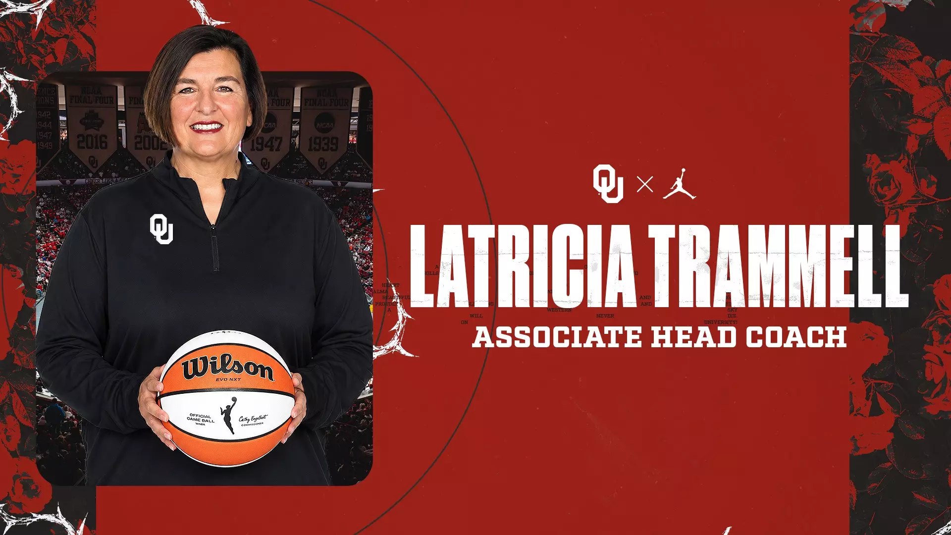 Promotional graphic showing a woman holding a basketball, with text identifying her as associate head coach.