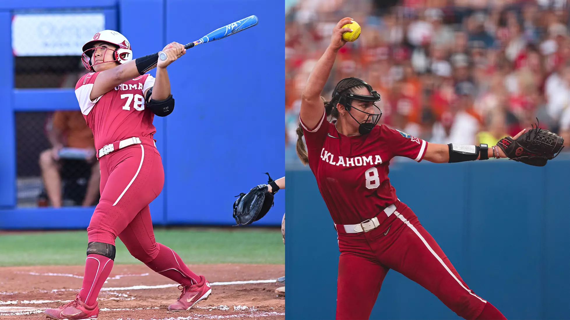 Two softball players in red Oklahoma uniforms, one batting and one pitching.