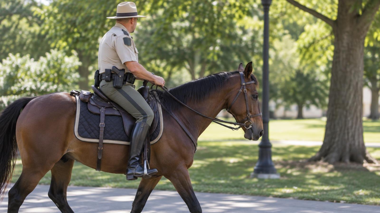 A uniformed officer on horseback walking along a paved park path.