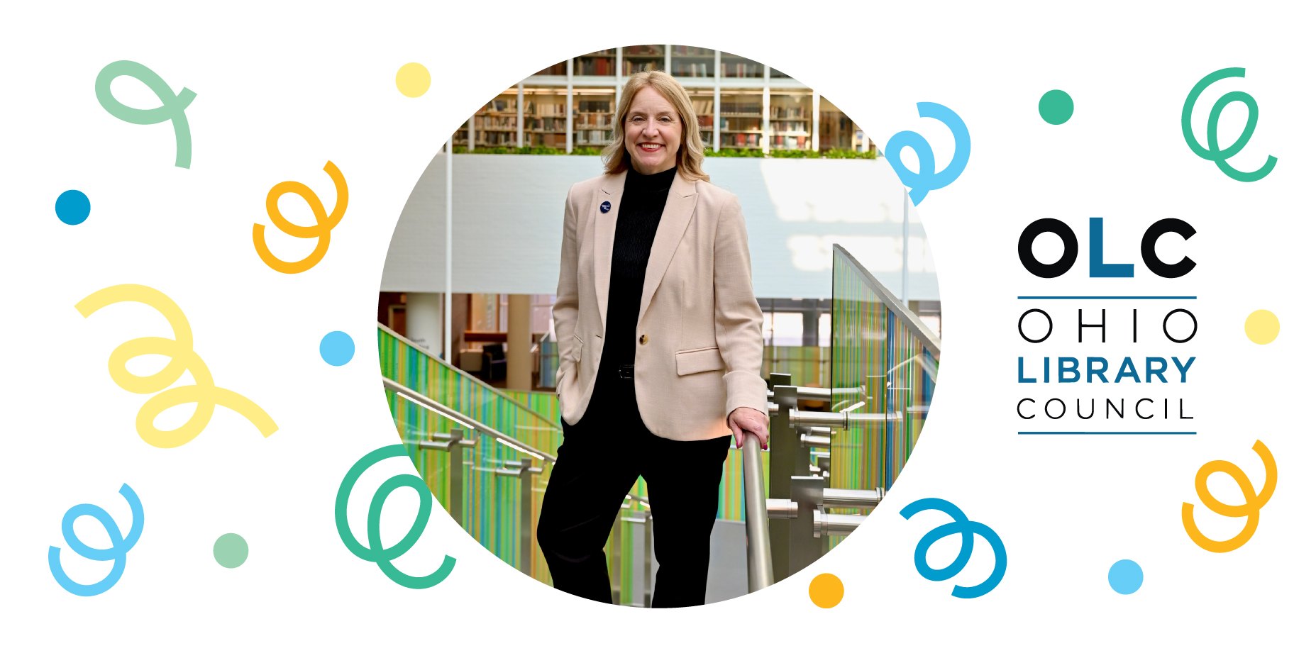 Woman in beige blazer poses on library staircase beside the Ohio Library Council logo with confetti graphics.