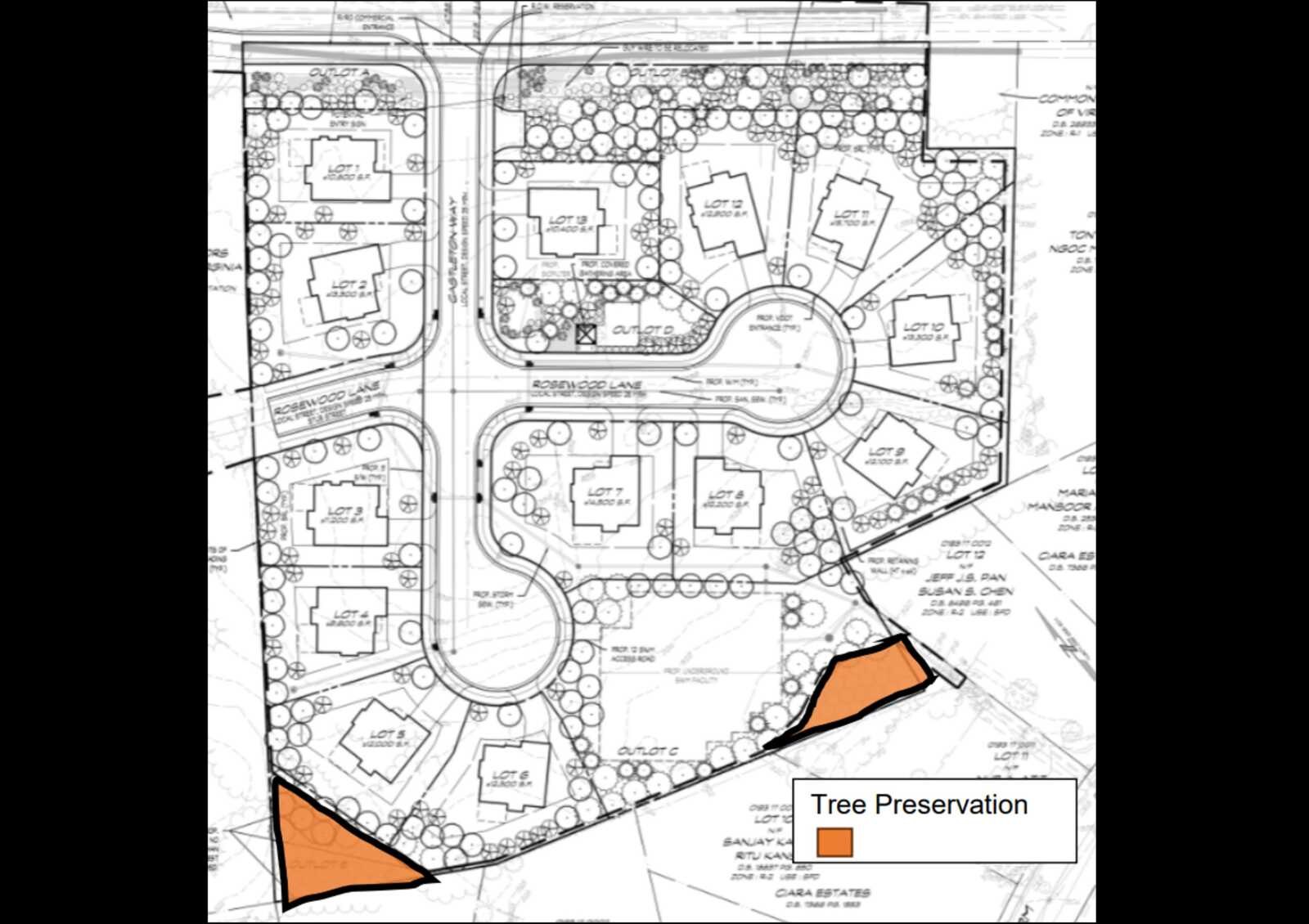 Site plan drawing of a proposed residential subdivision with labeled tree preservation zones.