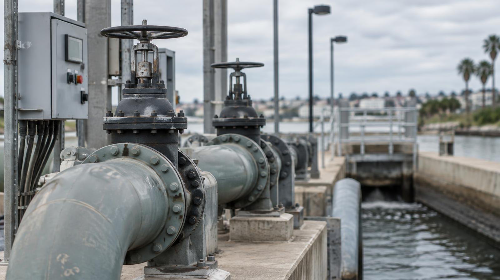 Large pipes, valves, and control equipment at an outdoor stormwater pump station.