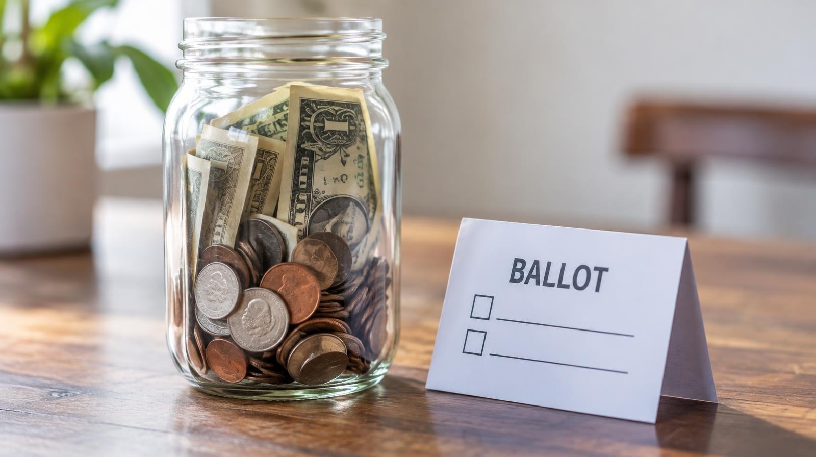 Glass jar of coins and paper money beside a folded ballot on a wooden surface.