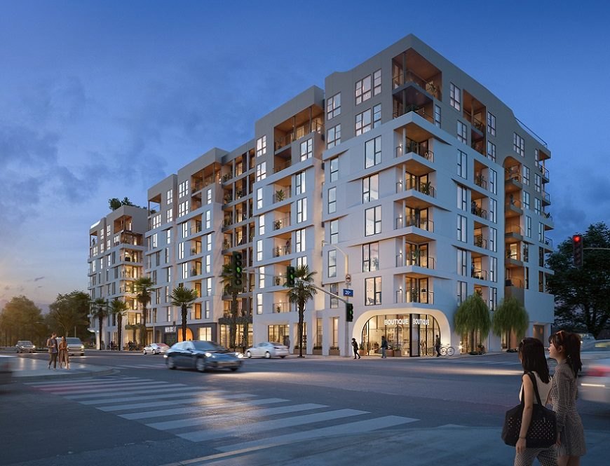 Architectural rendering of a modern eight-story mixed-use building at dusk with ground-floor retail and palm trees.