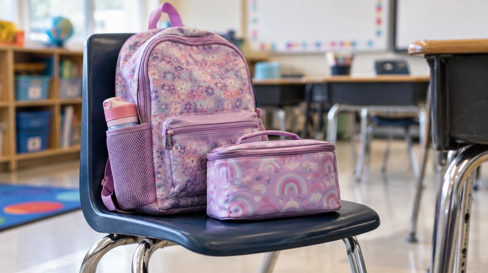 A small backpack and lunchbox resting on a colorful classroom chair.