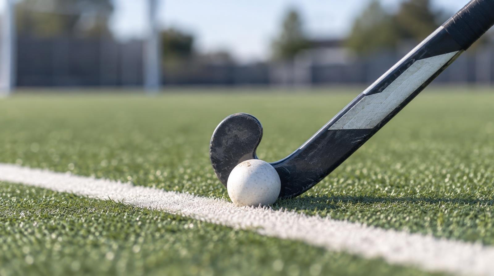 A field hockey stick and ball resting on green artificial turf beside a white painted line.