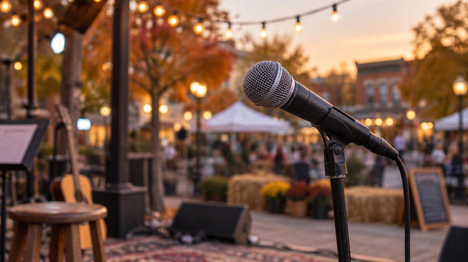 A microphone on a stand beneath string lights on a small outdoor stage at dusk.