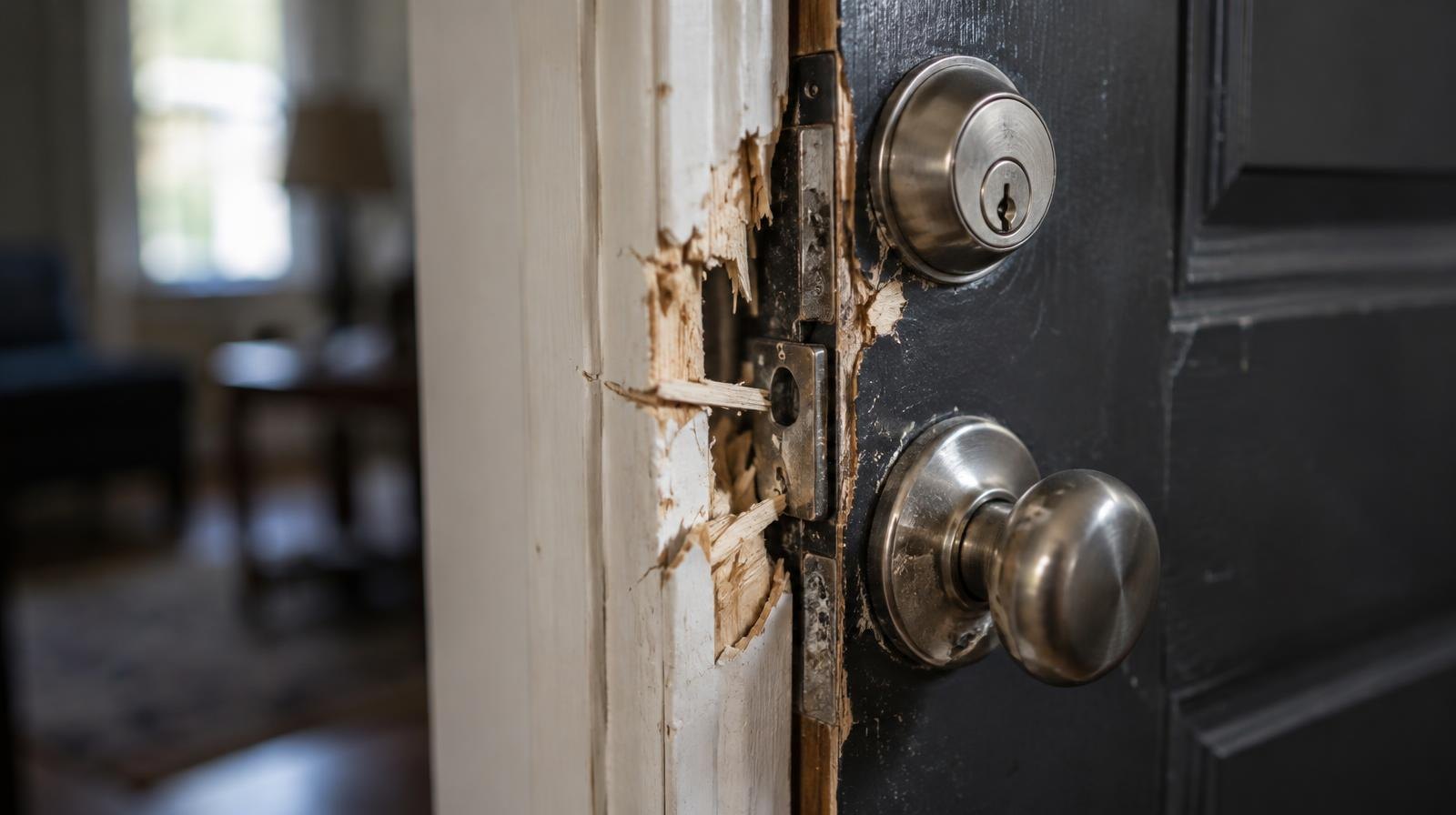 Close-up of a broken door lock and splintered wooden door frame.