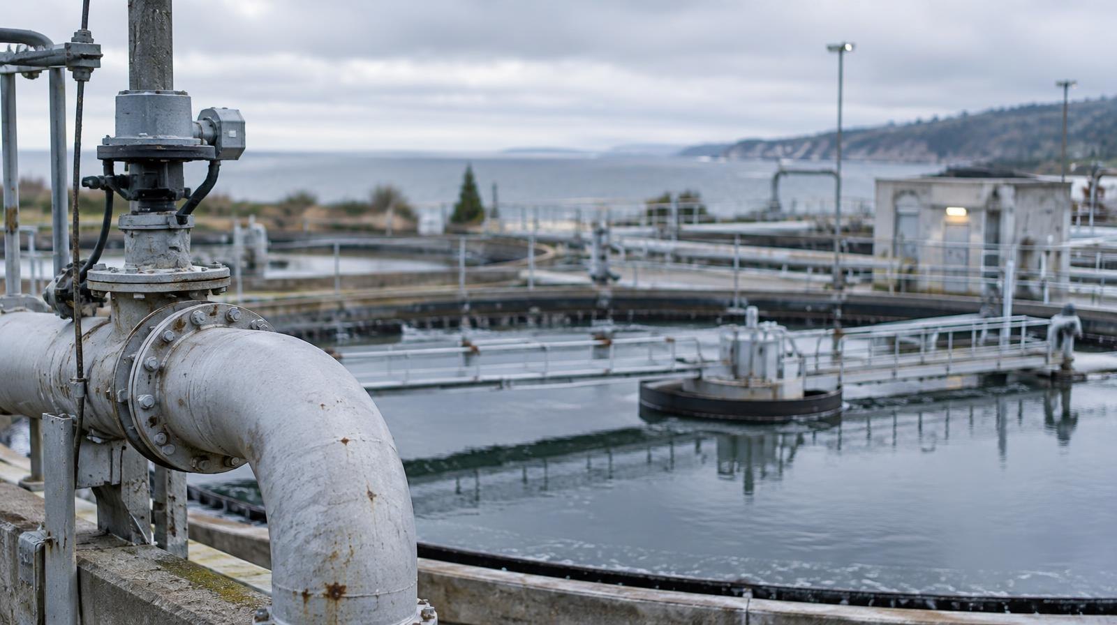 Aerial view of circular settling tanks at a wastewater treatment facility.