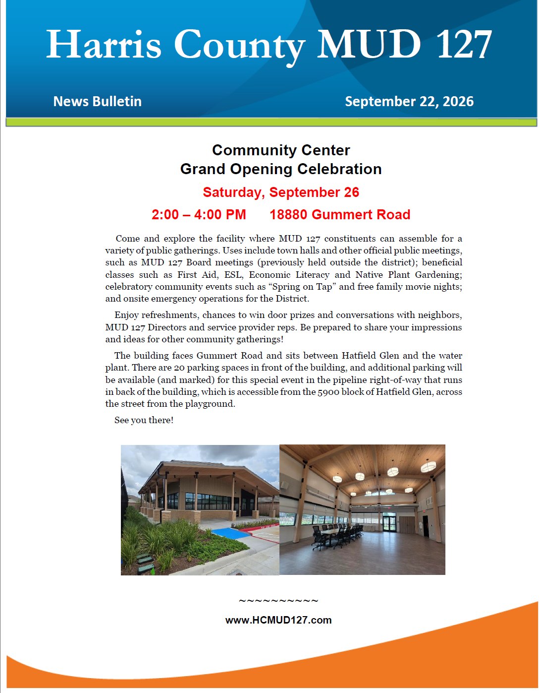Flyer announcing a community center grand opening with a photo of the building.