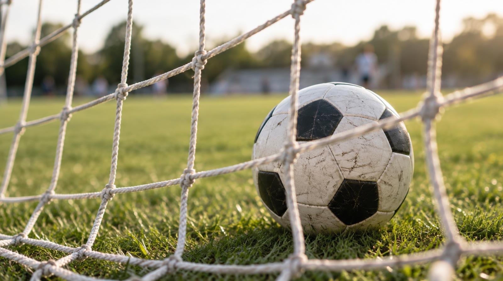 A soccer ball sits inside a goal net on a grass field.