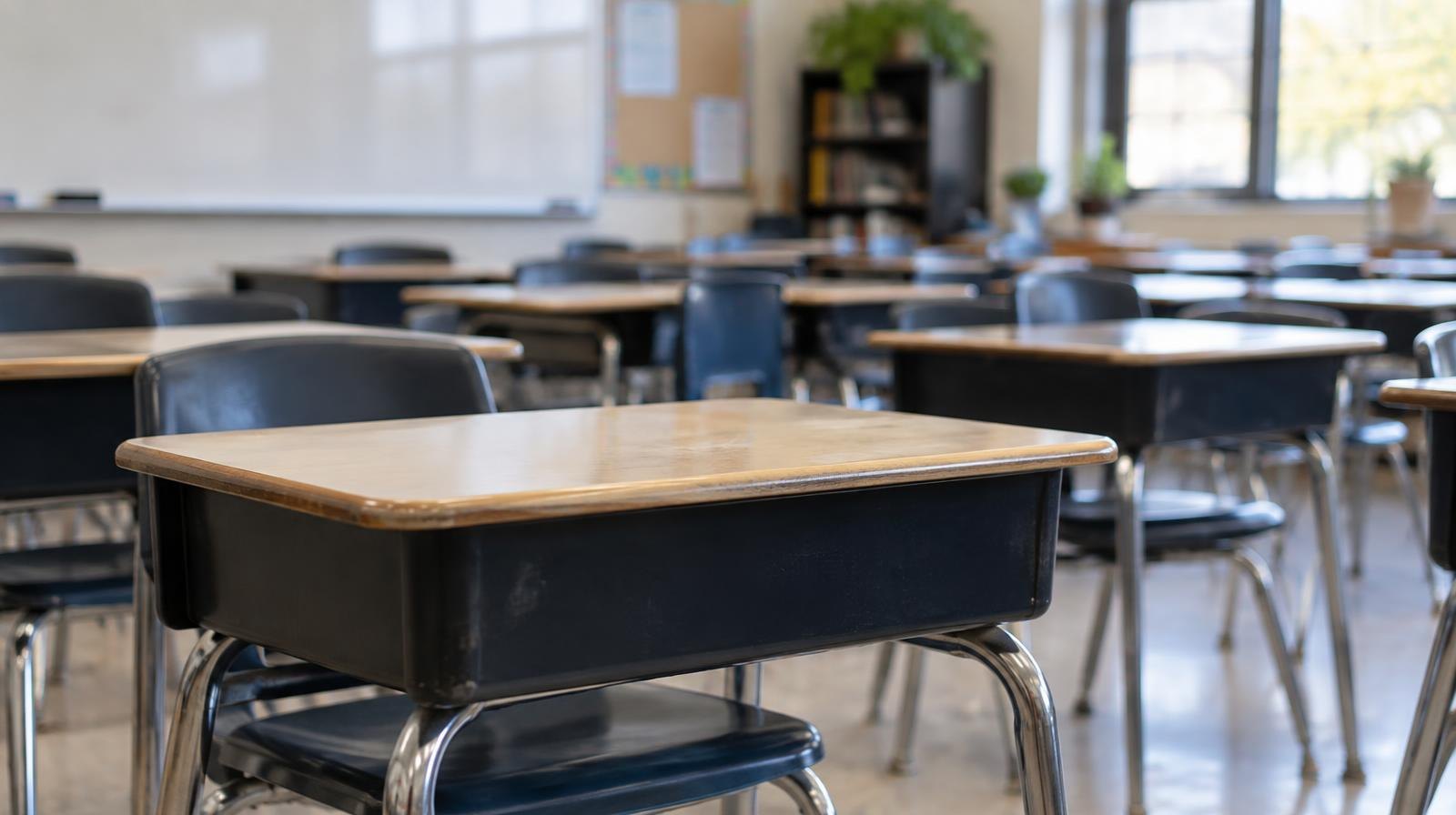 Rows of empty student desks in a sunlit classroom.
