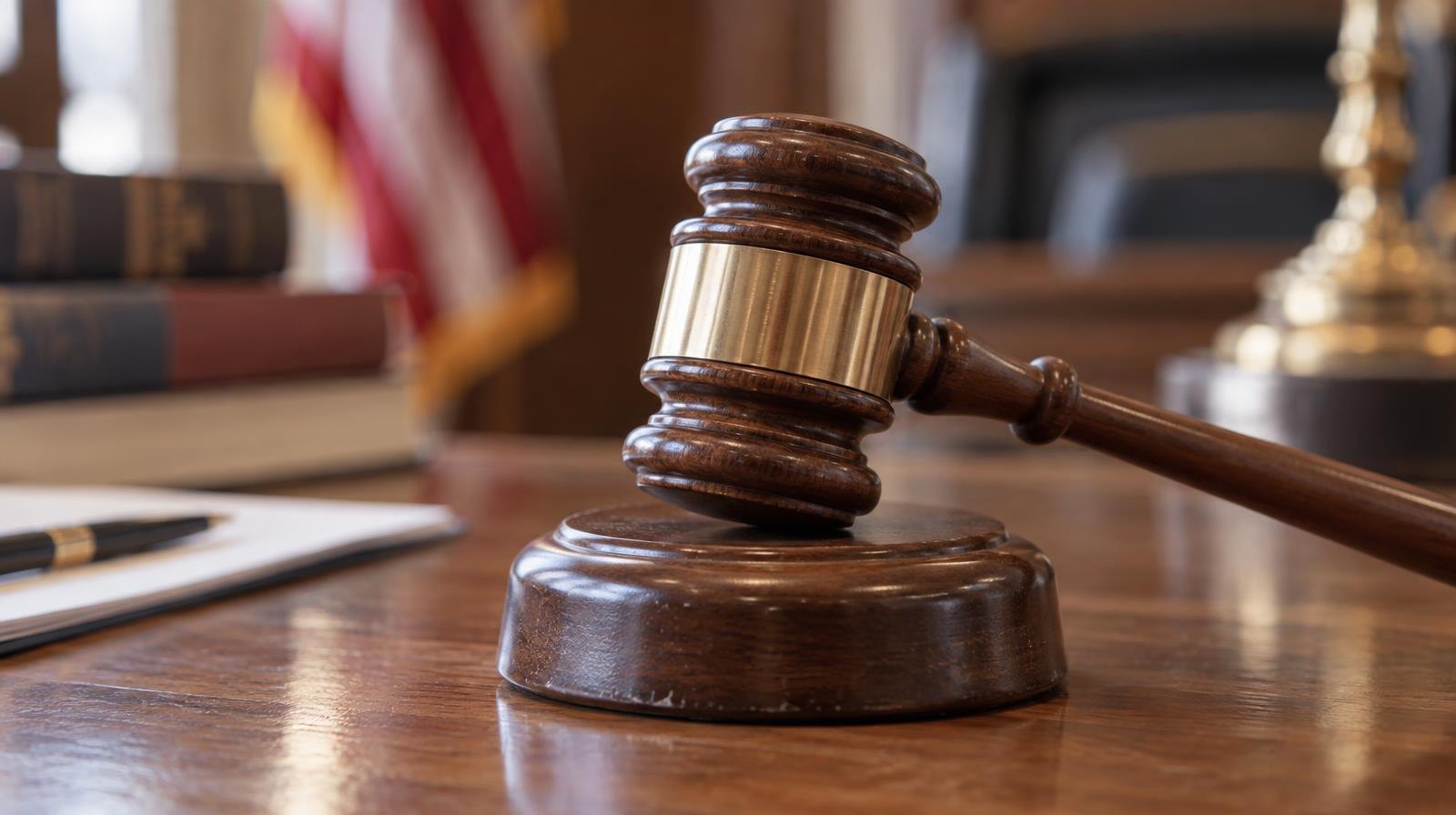 Wooden gavel resting on its sound block on a polished wooden surface.