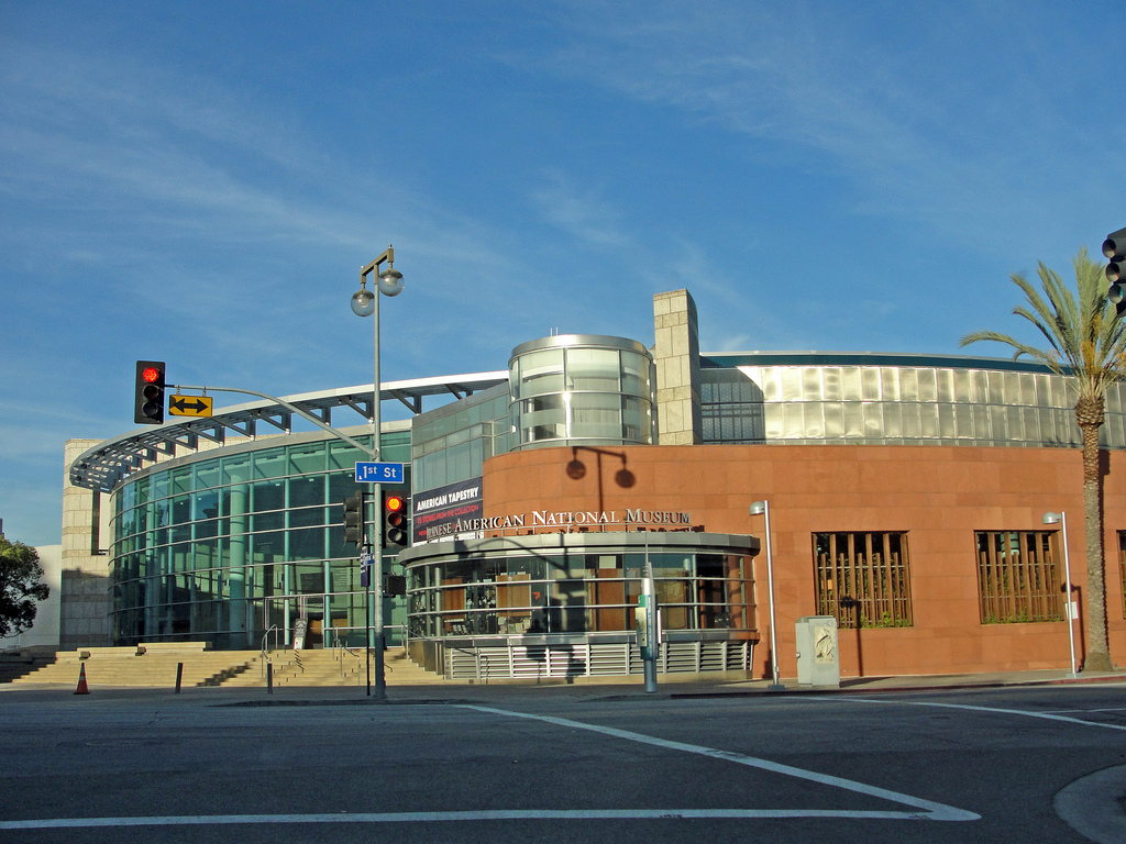 Exterior of the Japanese American National Museum building at a street corner in Little Tokyo.