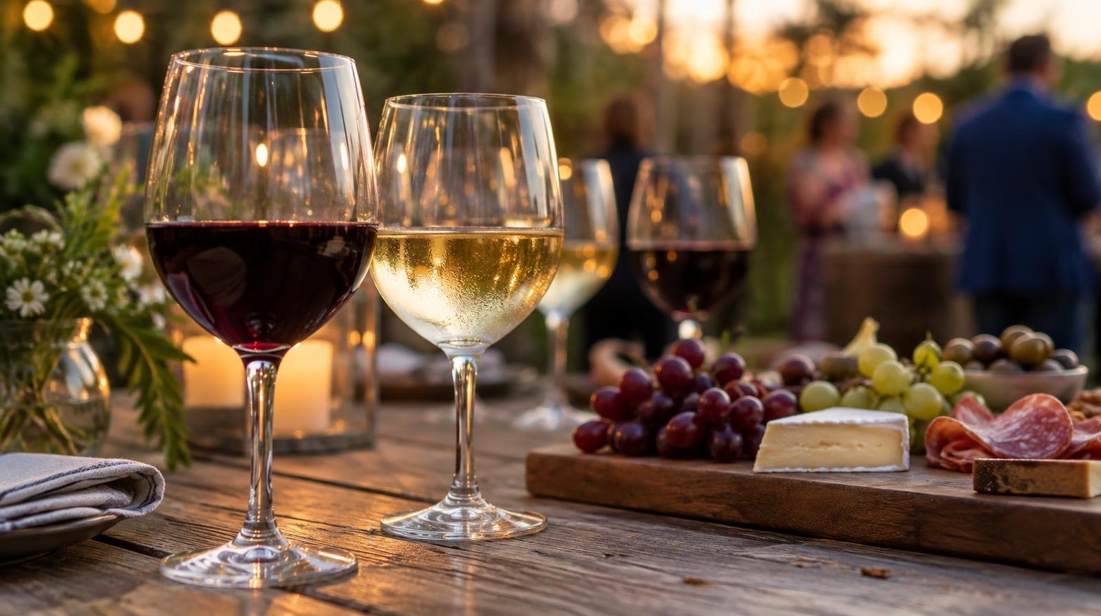 Red and white wine glasses beside grapes and cheese on a wooden table outdoors.