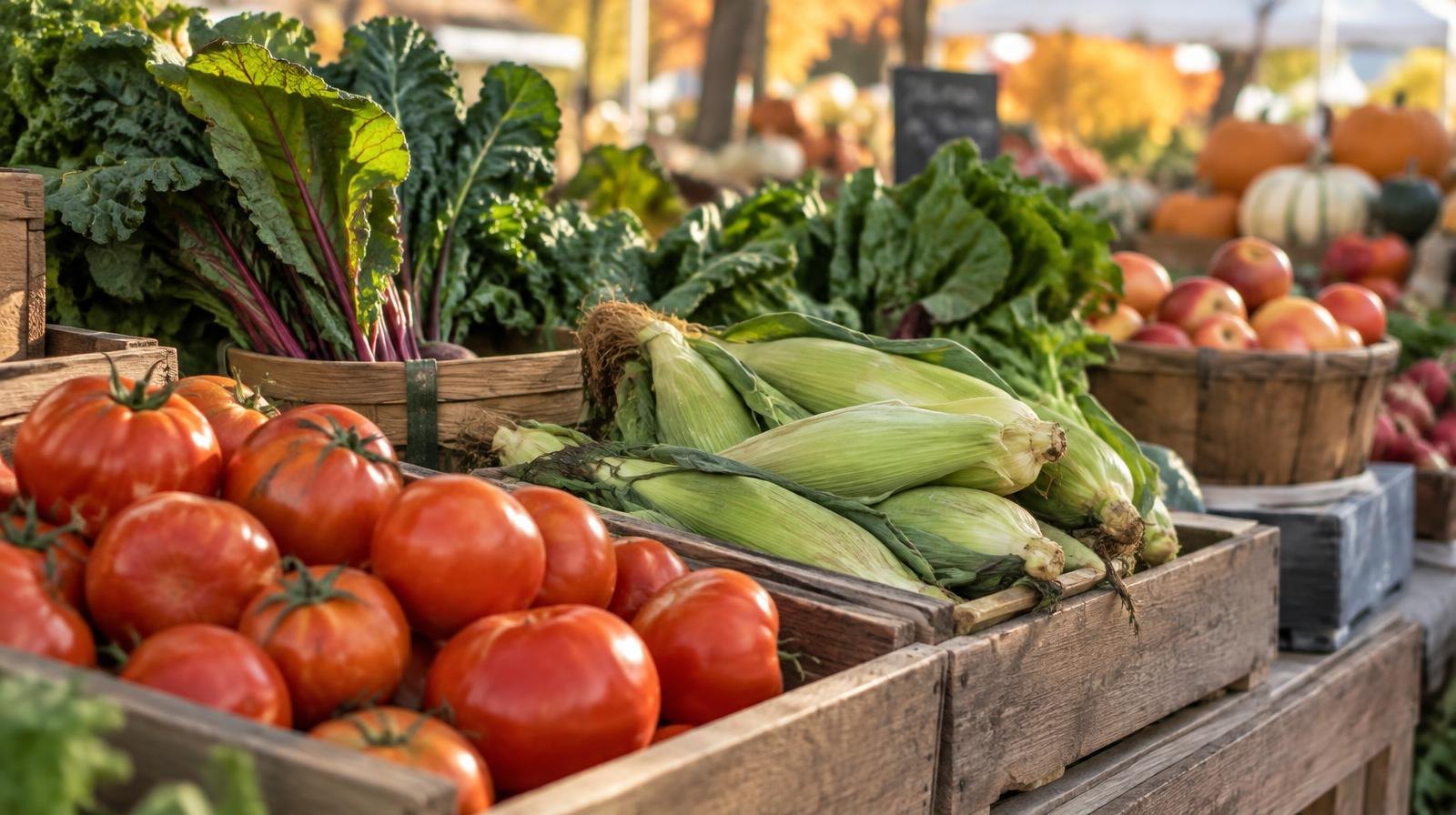 Colorful vegetables and fruit arranged in baskets and crates on a wooden market stand.