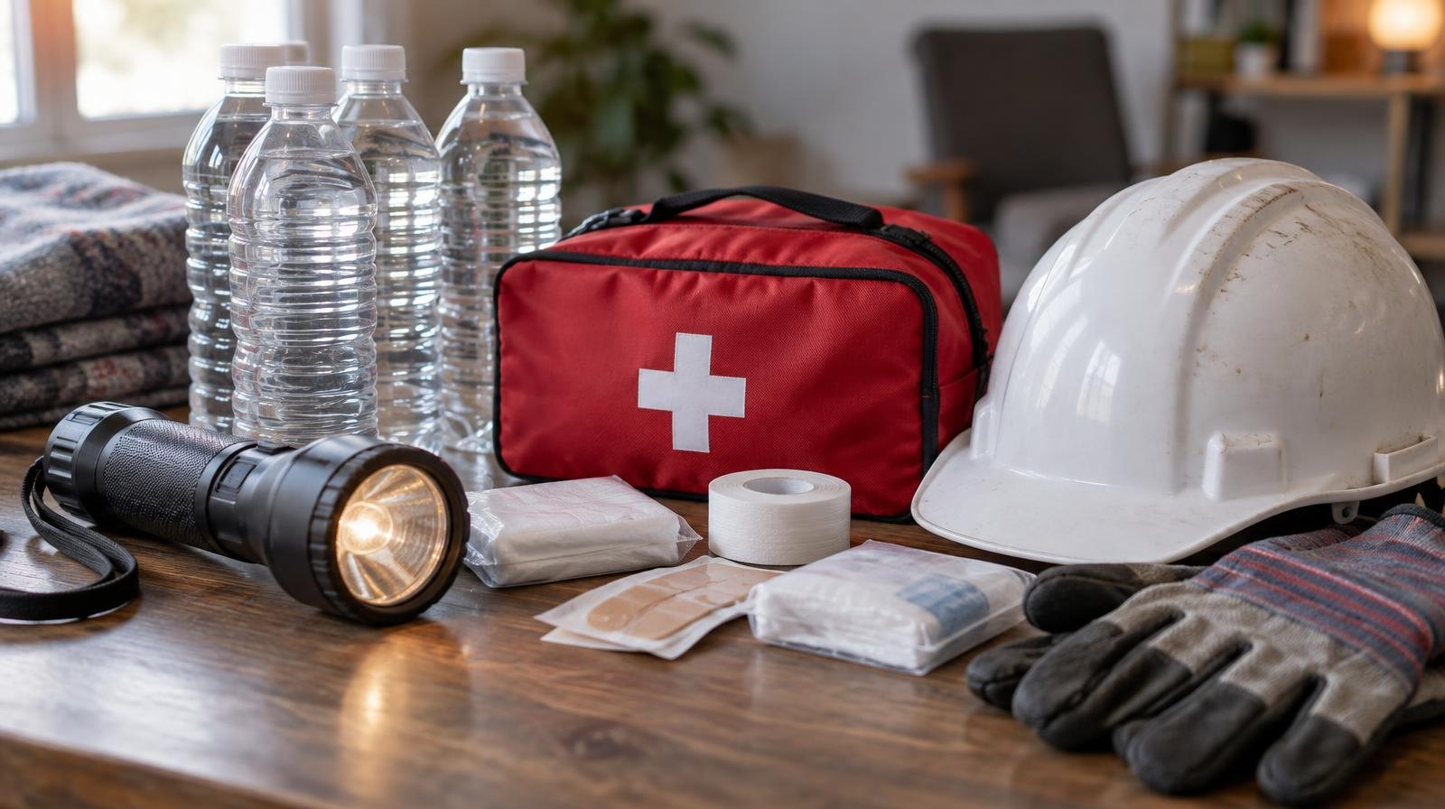 Flashlight, bottled water, first aid kit, and hard hat arranged on a table.