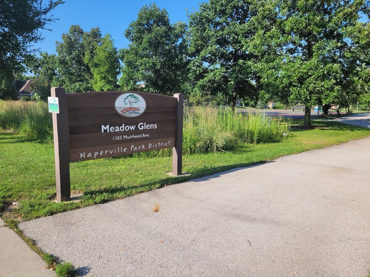 Wooden park entrance sign reading Meadow Glens, 1303 Muirhead Ave., Naperville Park District.