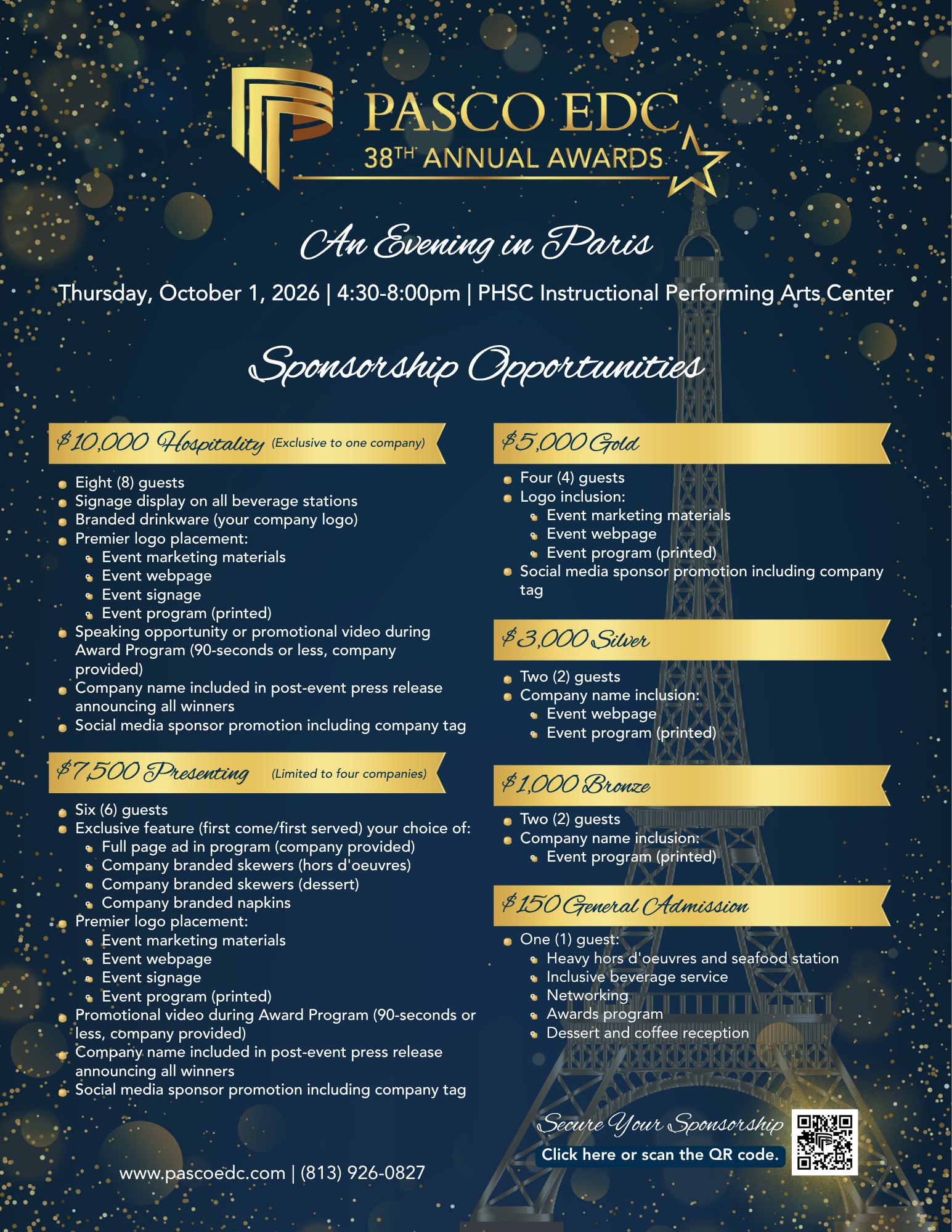 Dark blue sponsorship flyer with gold accents listing event details and sponsorship tiers for an awards gala.