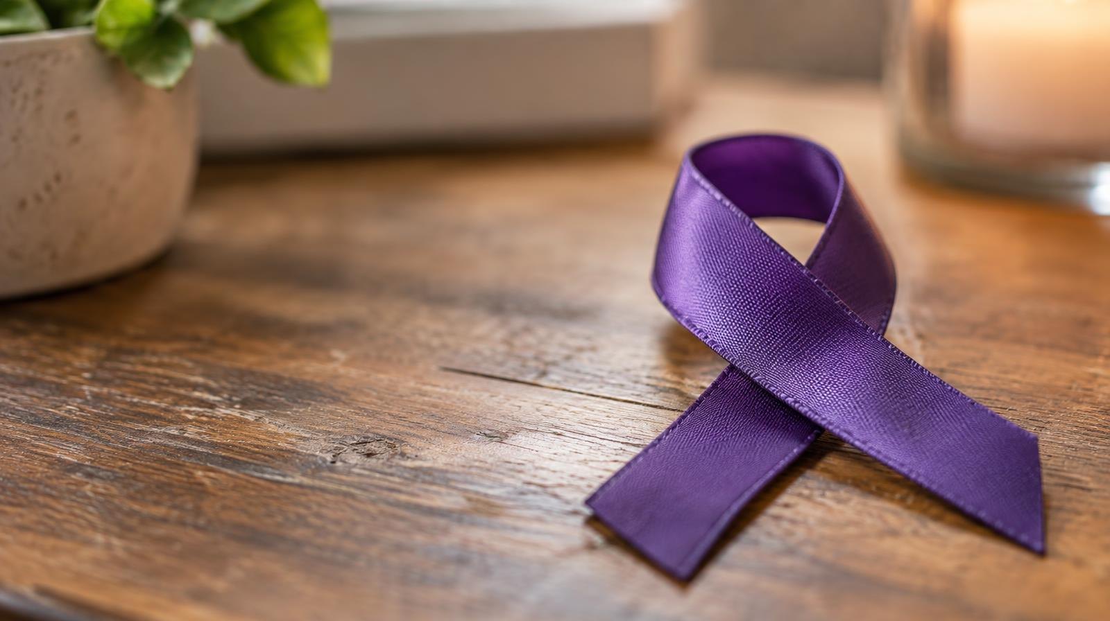 A purple awareness ribbon resting on a wooden surface
