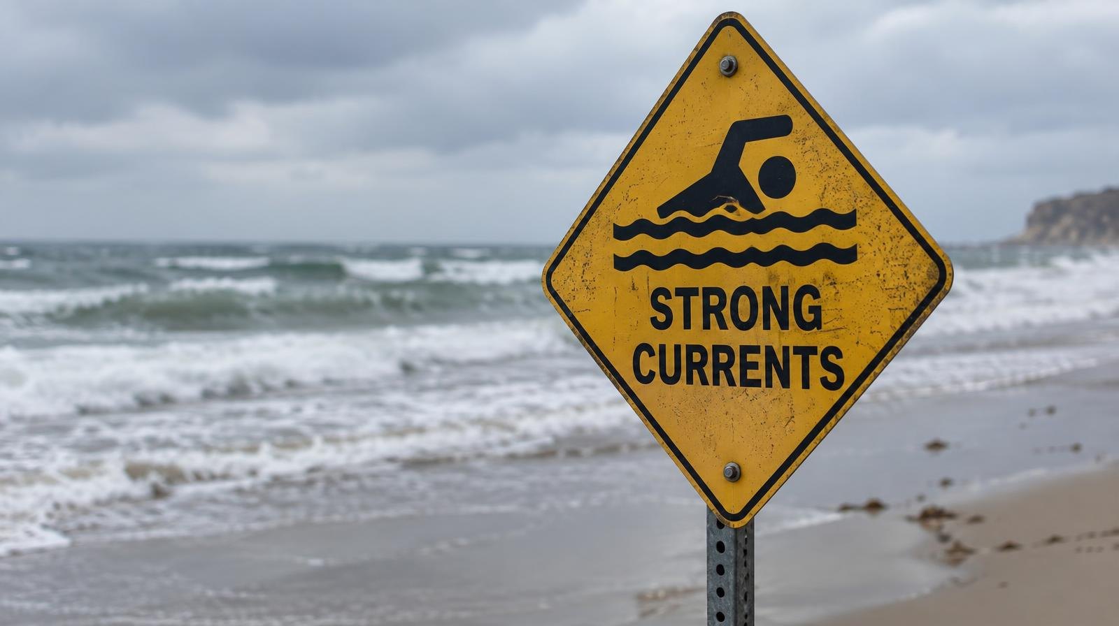 Yellow diamond-shaped warning sign on a metal pole in wet sand near ocean waves.