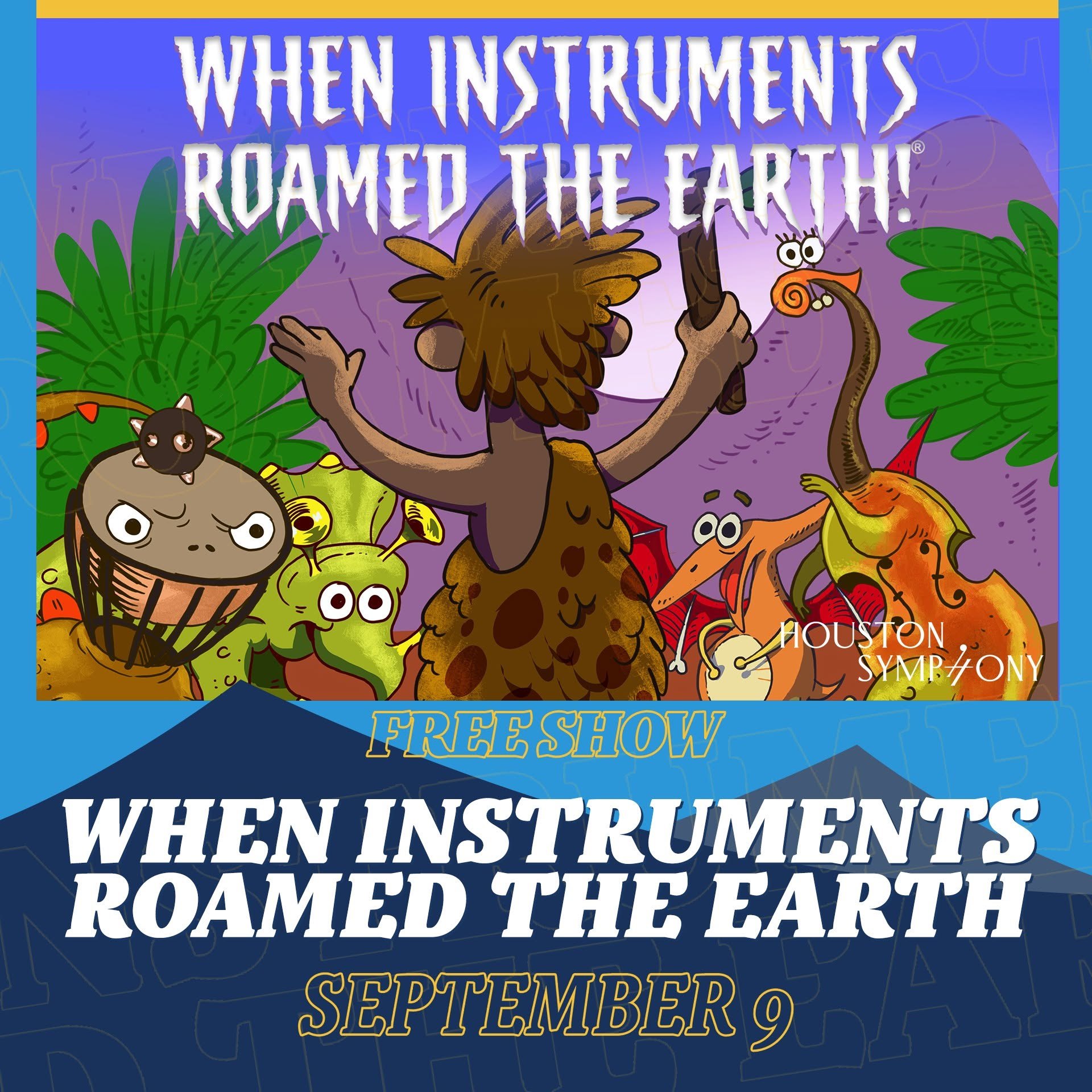 Colorful promotional flyer for a dinosaur-themed Houston Symphony free concert on September 9.