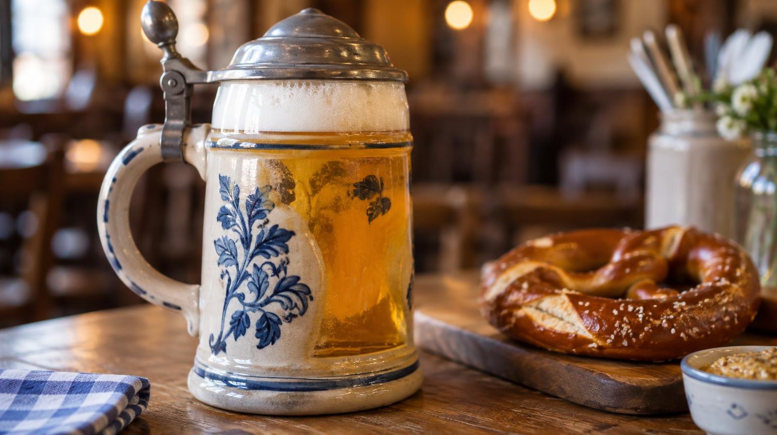 A large ceramic beer stein filled with golden lager beside a soft pretzel on a wooden table