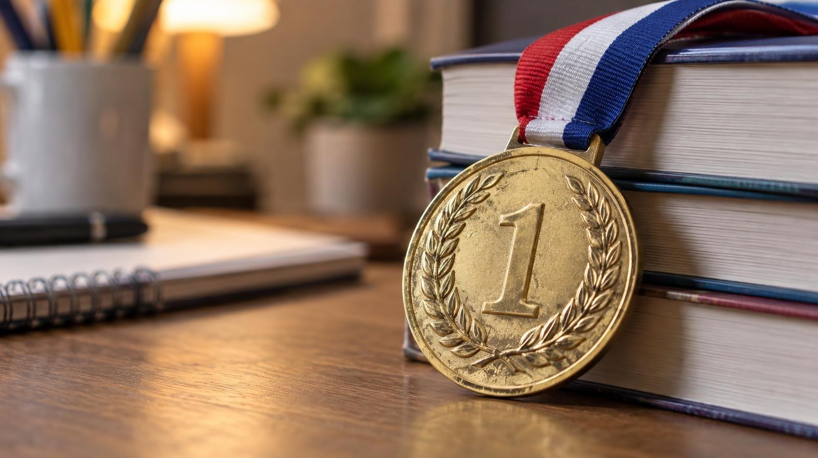 Gold number-one ribbon medal resting on a desk beside stacked textbooks.