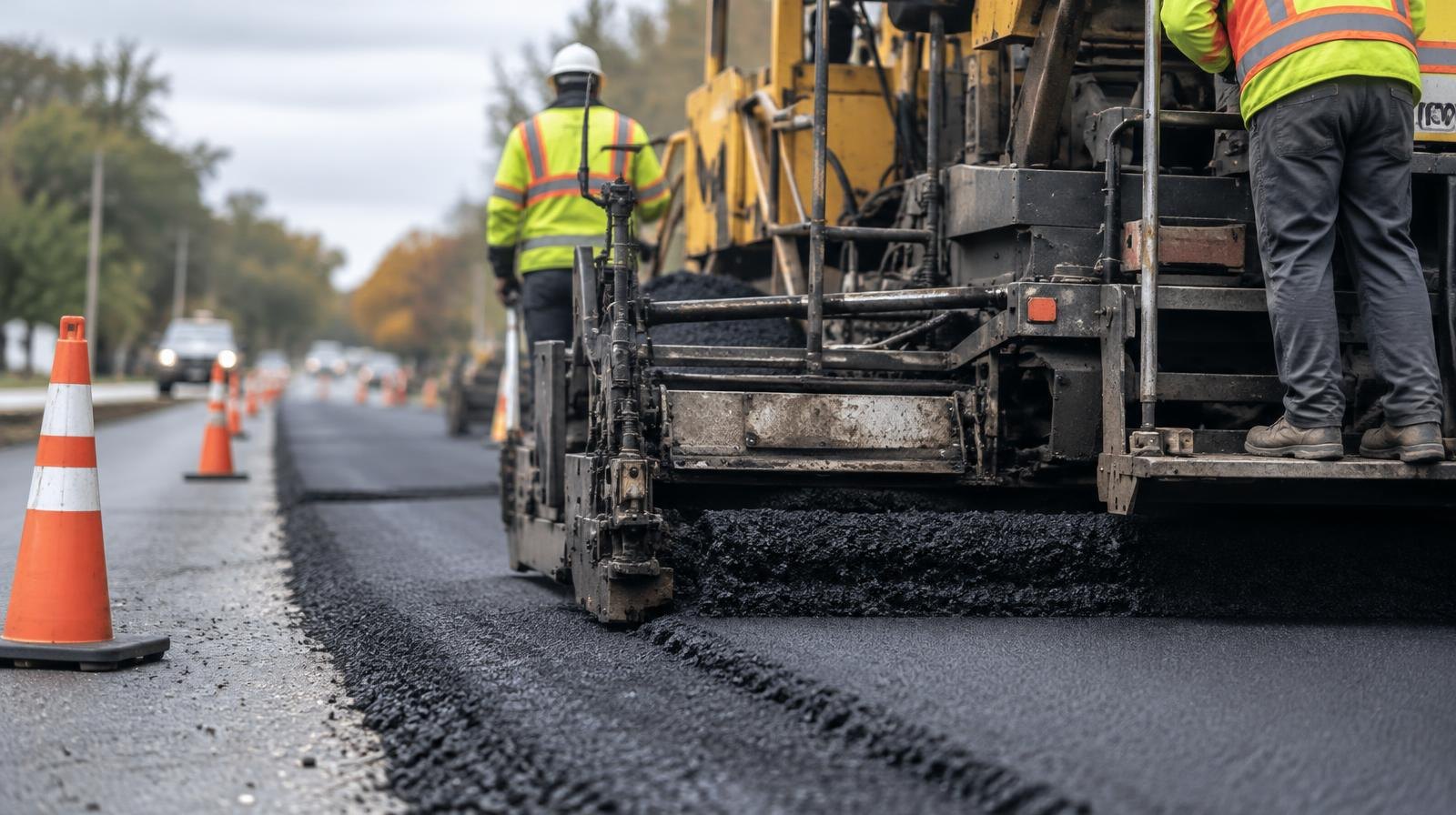 A large paving machine lays fresh dark asphalt on a two-lane road with orange cones alongside.