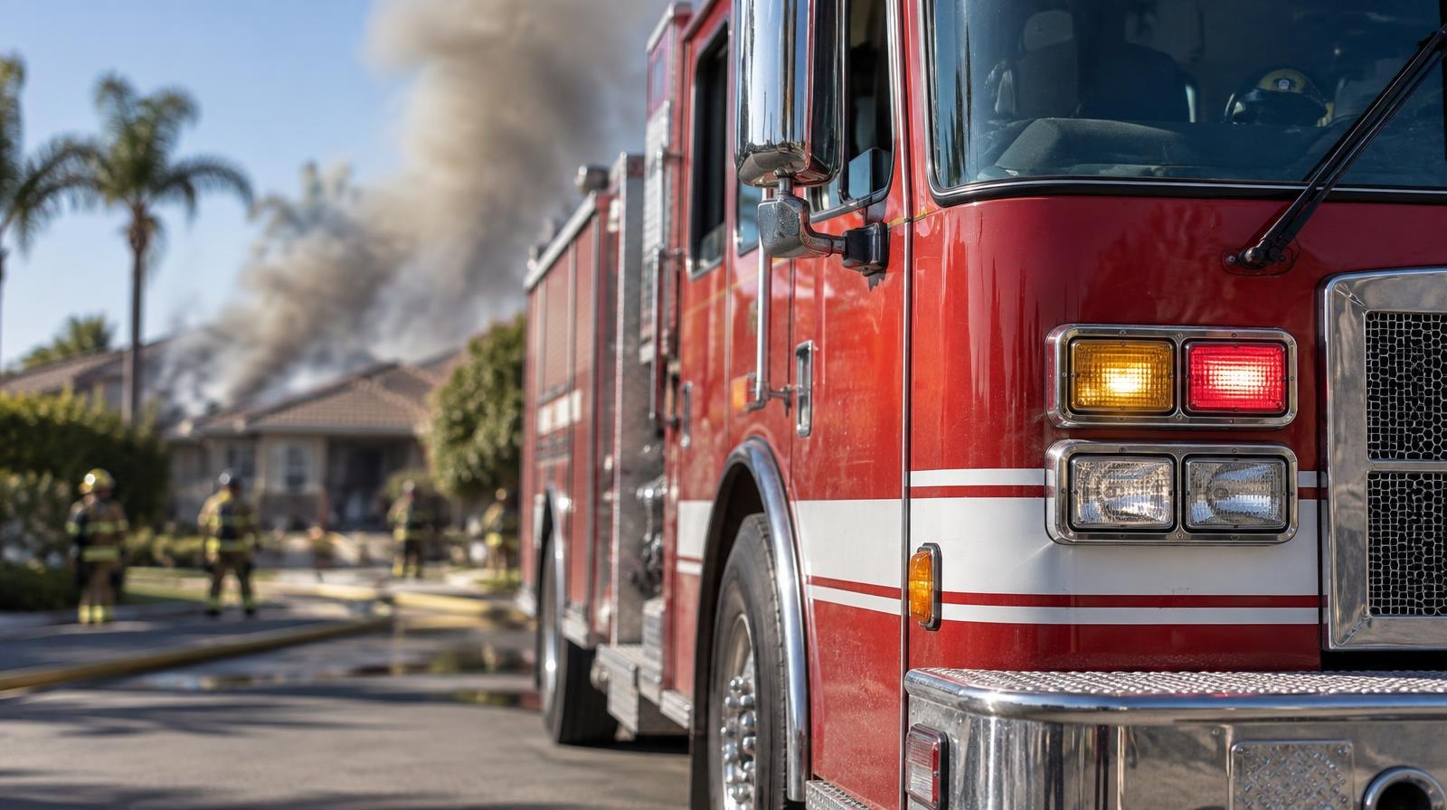 Red fire engine parked on a residential street with smoke rising in the background.