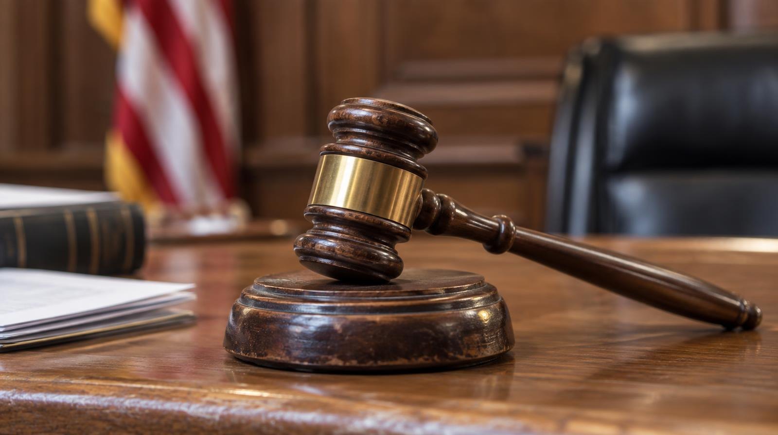 Wooden judge's gavel resting on its sound block on a bench.