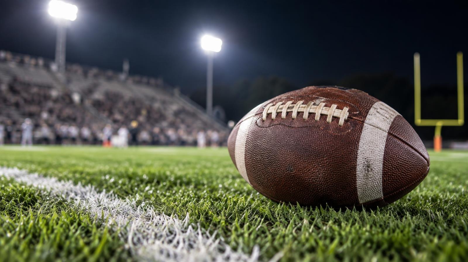 An American football resting on green grass near a white yard line under bright lights.