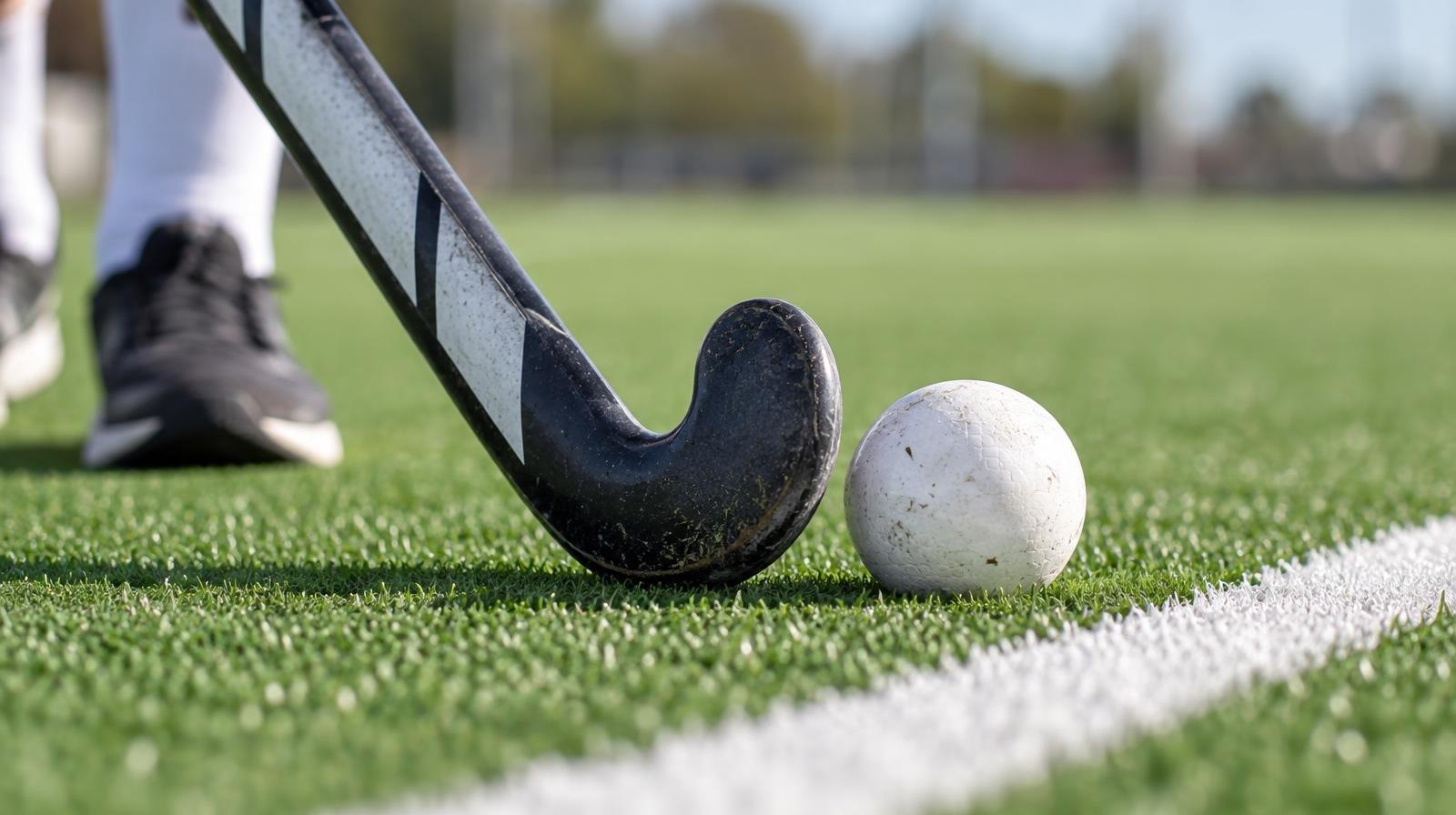 A field hockey stick and ball resting on green artificial turf near a white line.