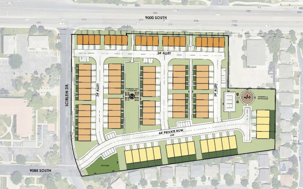 Color-coded site plan rendering showing rows of attached townhome units on a rectangular parcel.