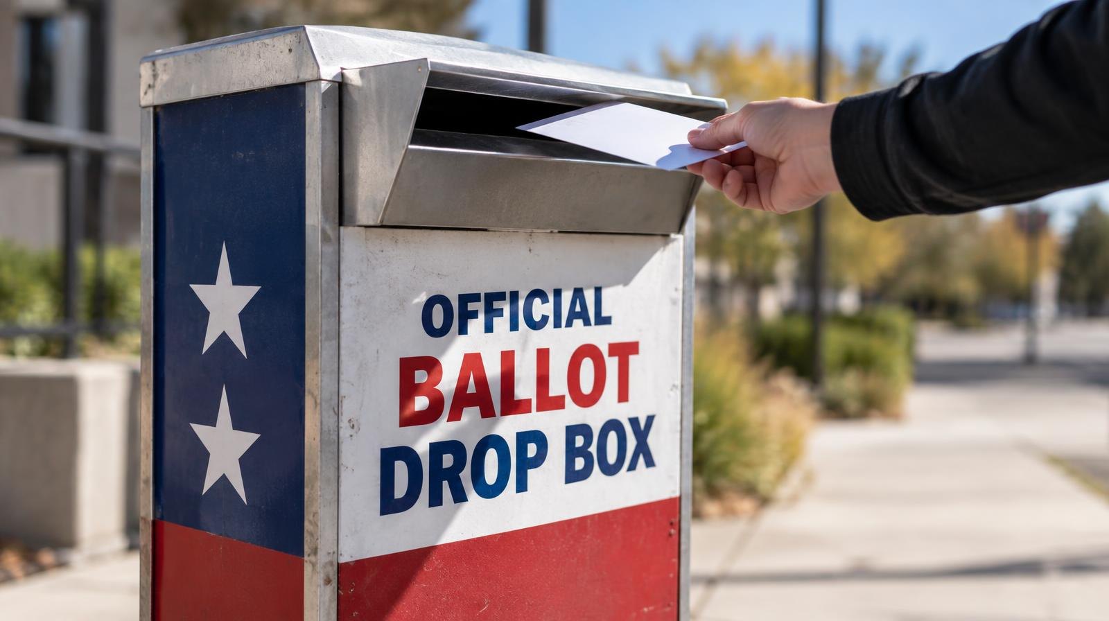 A red, white, and blue official ballot drop box on a sunny sidewalk.