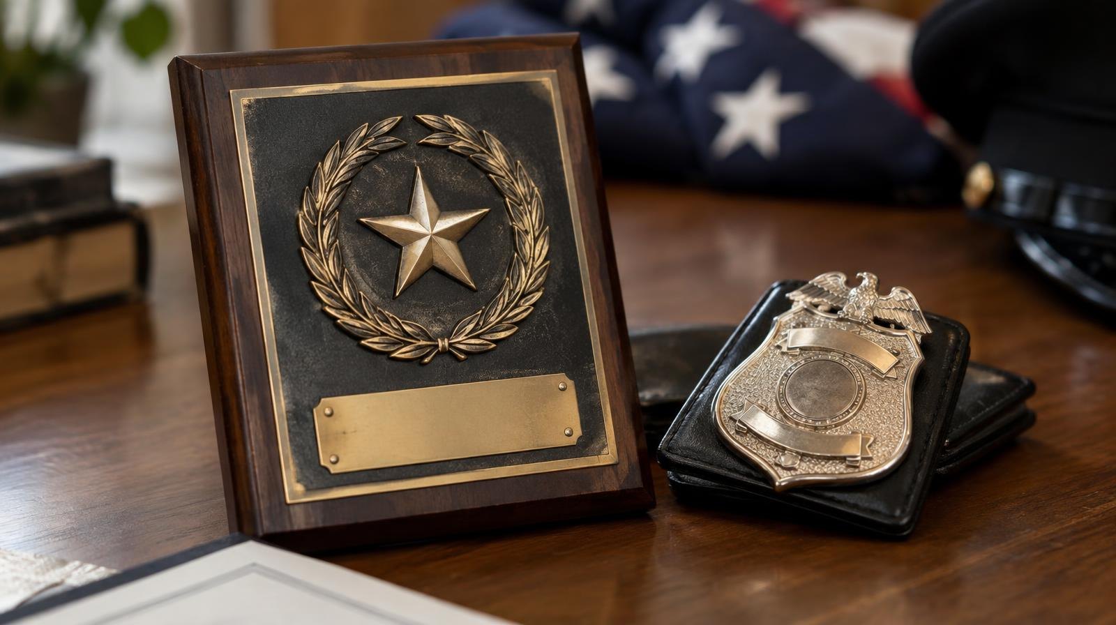 A law enforcement award plaque and police badge resting on a wooden surface.