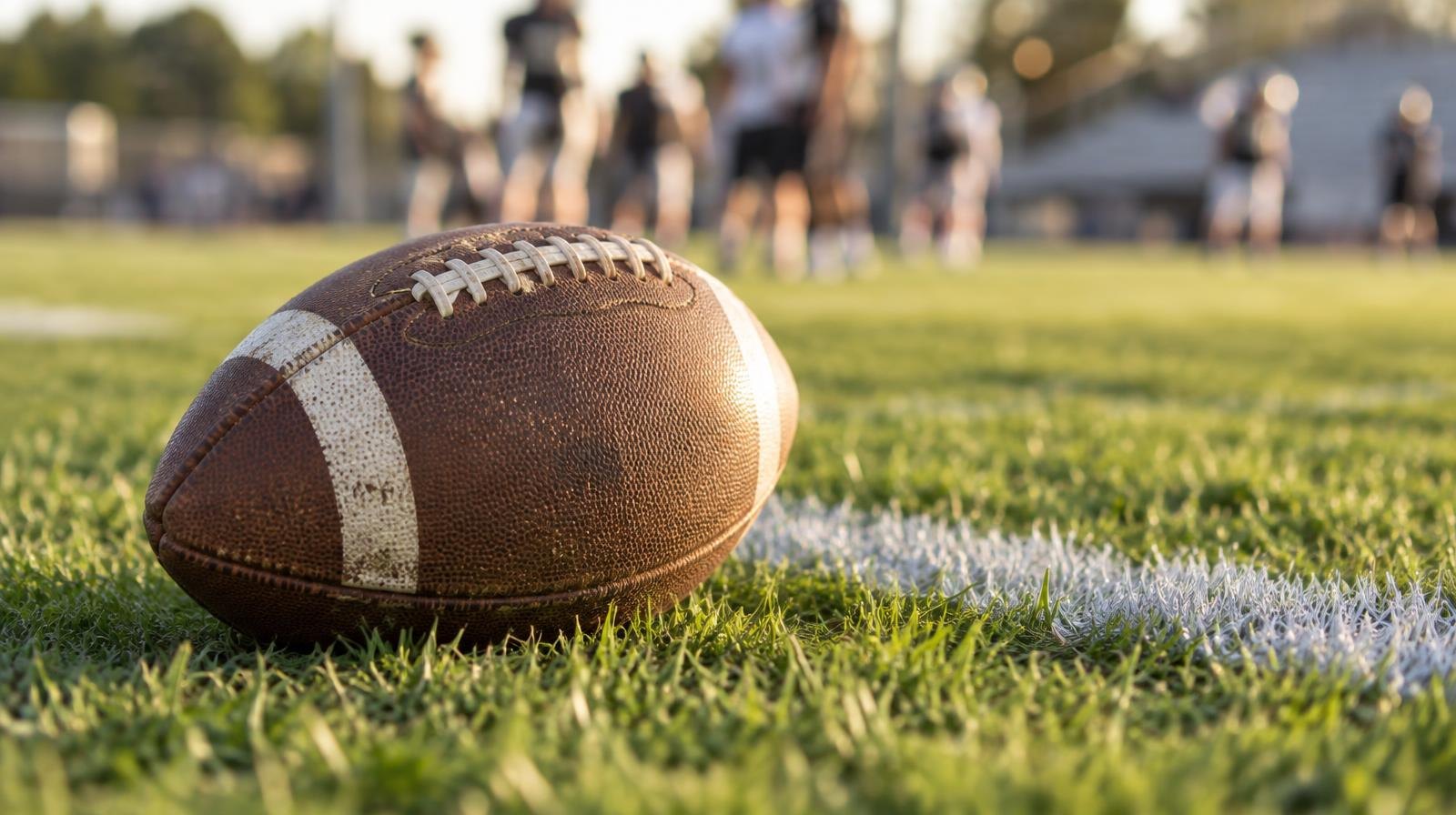 An American football resting on green grass beside a white painted yard line.
