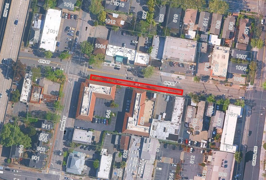 Aerial map of downtown blocks with a red rectangle marking a section of Fourth Street.
